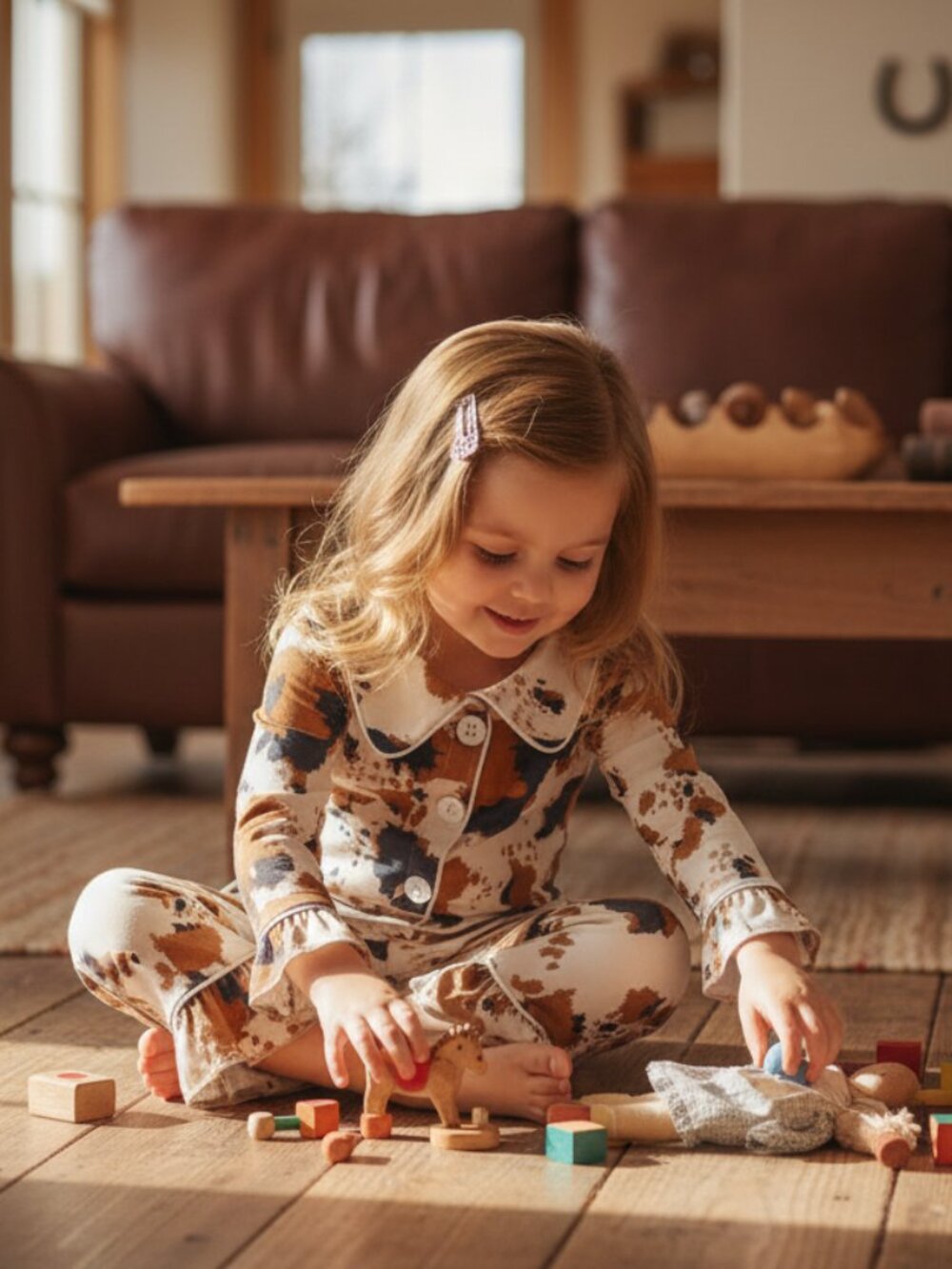 Cowprint Girls Pajamas – Western Ruffle Lounge Set